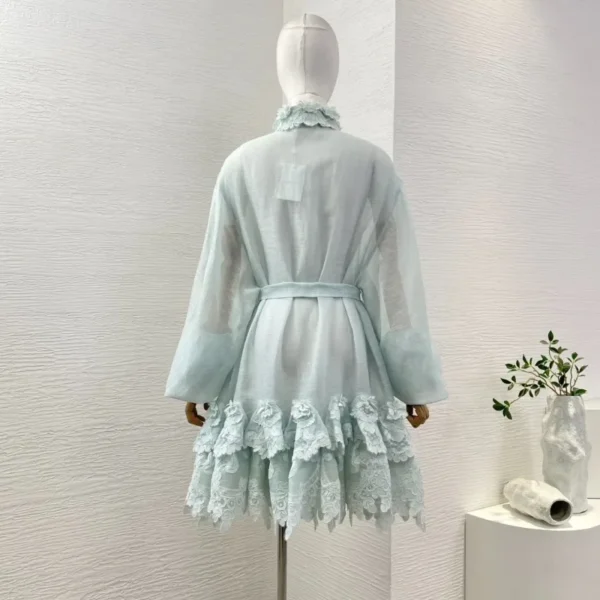 Mint Green Cascading Lace Patchwork Hem Long Sleeve Midi Dress 2025 High Quality - Image 2
