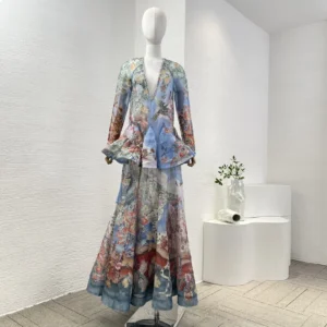 2025 New Hot Autumn Blue Floral Print Ruffles V Neck Pleat Ruched Long Sleeve Maxi Dress for Women