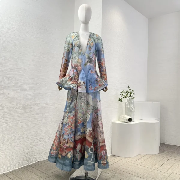 2025 New Hot Autumn Blue Floral Print Ruffles V Neck Pleat Ruched Long Sleeve Maxi Dress for Women