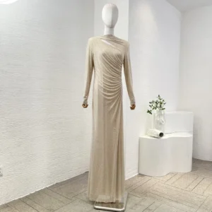 New Collection Elegnat 2025 Top Quality Golden Long Sleeve Diamonds Pressed Cut Out Pleats Women Luxury Maxi Dress for Party