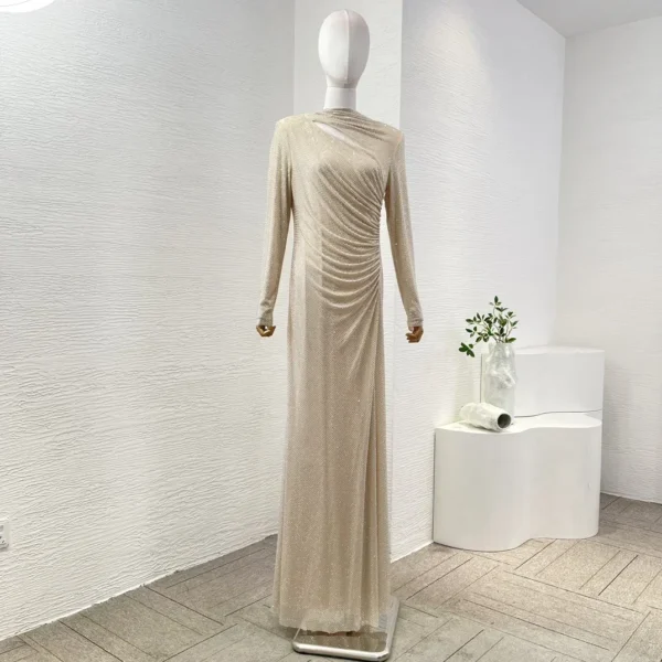 New Collection Elegnat 2025 Top Quality Golden Long Sleeve Diamonds Pressed Cut Out Pleats Women Luxury Maxi Dress for Party