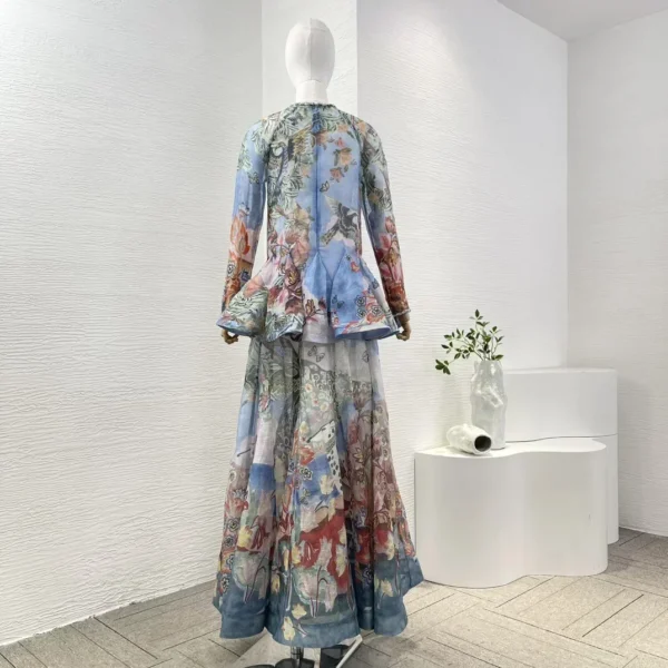 2025 New Hot Autumn Blue Floral Print Ruffles V Neck Pleat Ruched Long Sleeve Maxi Dress for Women - Image 2