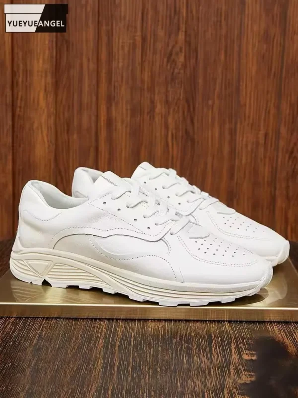 Spring Summer Men Breathable Joggers Sneakers Lace Up Thick Platform Cowhide Genuine Leather Shoes Lightweight Training Footwear