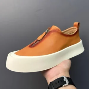 Fashion Men Zipper Loafers Thick Platform Cowhide Genuine Leather Casual Shoes Vintage Outside Joggers Sneakers Skateboard Shoes