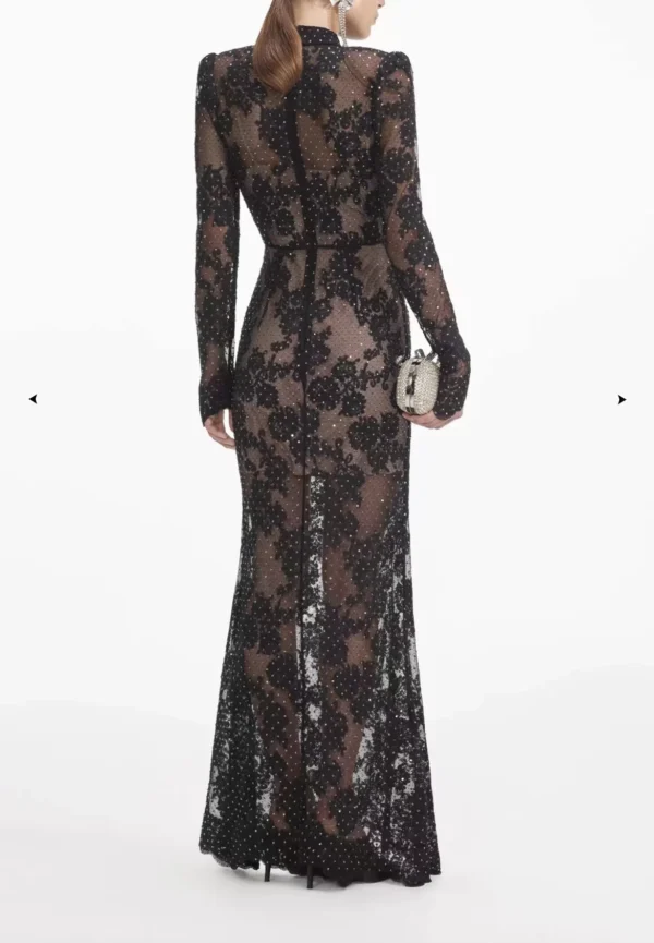 2025 Black White Sexy Lace Long Sleeve Lace Patchwork See Through Diamonds Maxi Dress for Women - Image 2