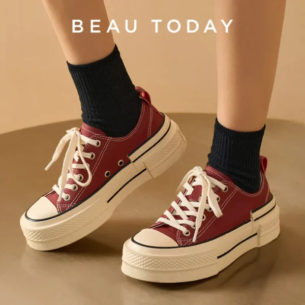 BEAUTODAY Canvas Shoes Women Split Leather Solid Color Spring Outdoors Lace-up Ladies Shoes Handmade 29248 - Image 2