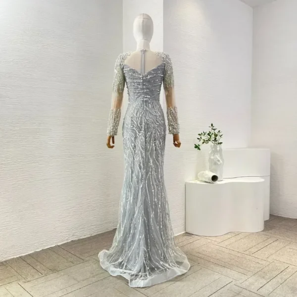 Elegant Silver Long Sleeve Sequined Pearls Lace Patchwork Maxi Evening Party Dress for Women - Image 2