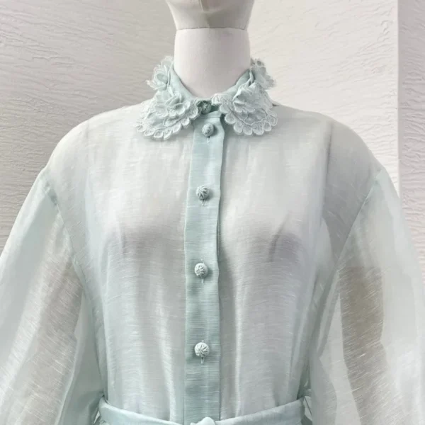 Mint Green Cascading Lace Patchwork Hem Long Sleeve Midi Dress 2025 High Quality - Image 5