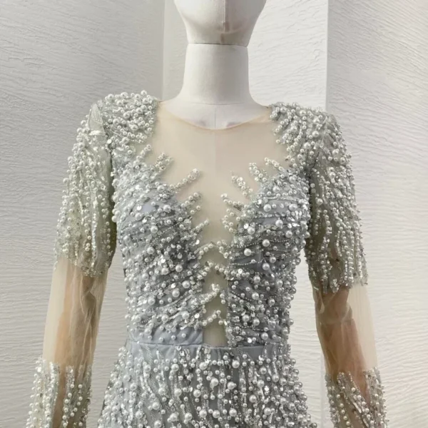 Elegant Silver Long Sleeve Sequined Pearls Lace Patchwork Maxi Evening Party Dress for Women - Image 4