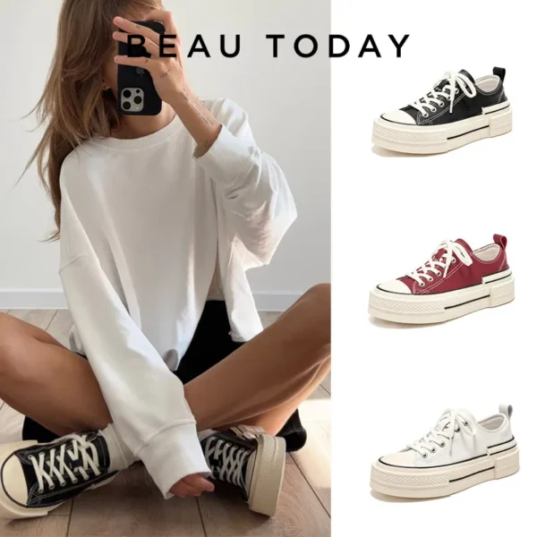 BEAUTODAY Canvas Shoes Women Split Leather Solid Color Spring Outdoors Lace-up Ladies Shoes Handmade 29248 - Image 3