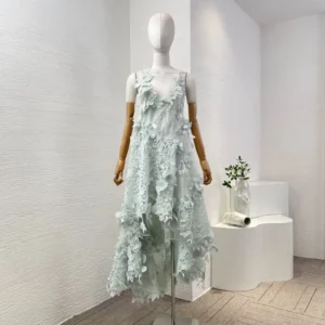 Blue Long Sleeve Halter Flowers Appliqued Irregular Hem Midi Dress 2025