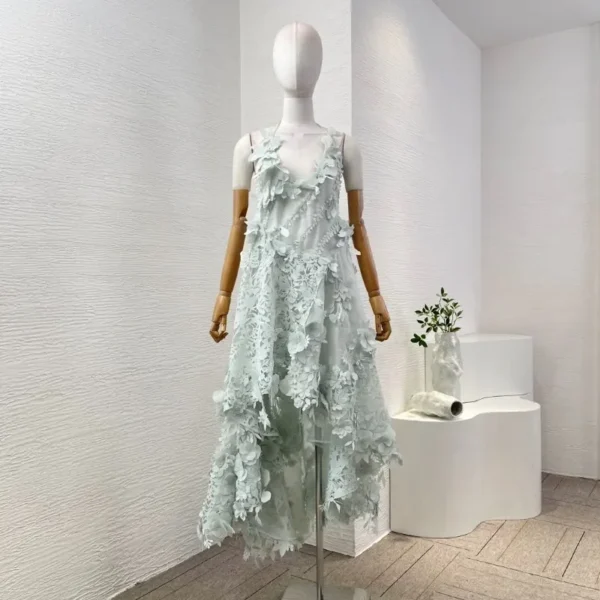 Blue Long Sleeve Halter Flowers Appliqued Irregular Hem Midi Dress 2025