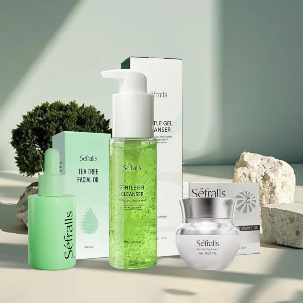 Séfralls Aloe Vera Cleansing Gel 98ml + Tea Tree Oil 30ml + Pearl VC Cream 20g - Hydrating, Acne Care, Brightening Skincare Set