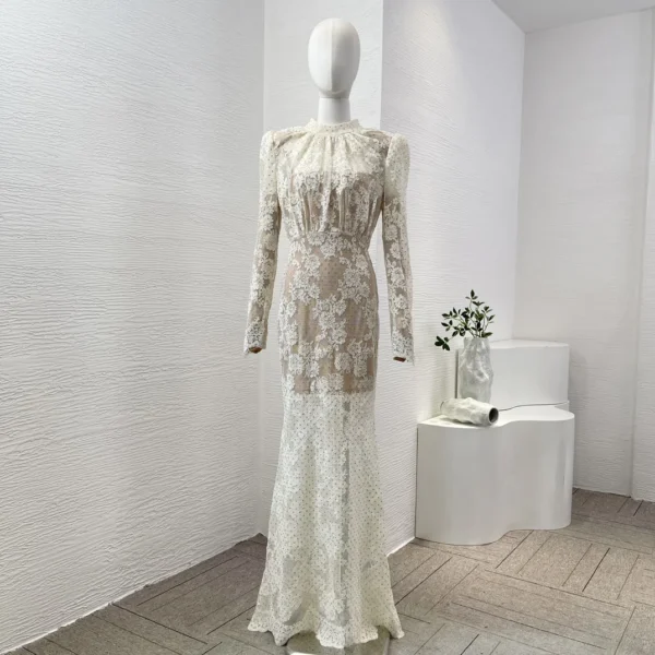 2025 Black White Sexy Lace Long Sleeve Lace Patchwork See Through Diamonds Maxi Dress for Women - Image 5