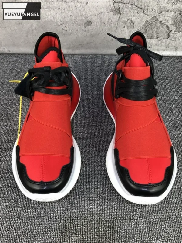 Men Breathable Stretch Fabric Sneakers Leather Patchwork Thick Platform Casual Shoes Street Footwear Red Joggers High Top Shoes