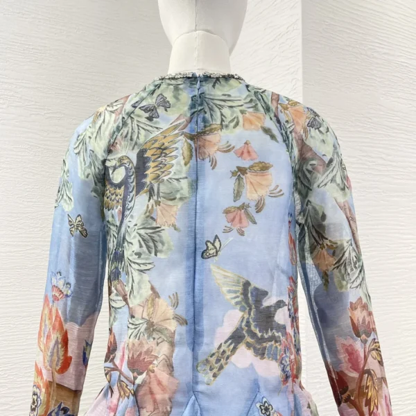 2025 New Hot Autumn Blue Floral Print Ruffles V Neck Pleat Ruched Long Sleeve Maxi Dress for Women - Image 5