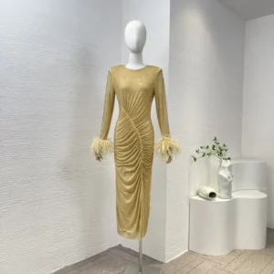 Women Slim Midi Dress Yellow Golden Diamonds Wrinkled Long Sleeve with Feather Bodycon Dresses Top Quality 2025 Spring Summer