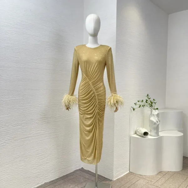 Women Slim Midi Dress Yellow Golden Diamonds Wrinkled Long Sleeve with Feather Bodycon Dresses Top Quality 2025 Spring Summer