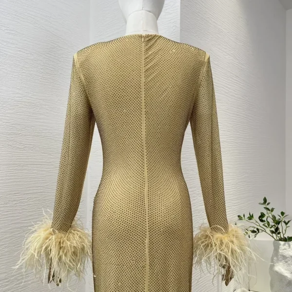 Women Slim Midi Dress Yellow Golden Diamonds Wrinkled Long Sleeve with Feather Bodycon Dresses Top Quality 2025 Spring Summer - Image 5