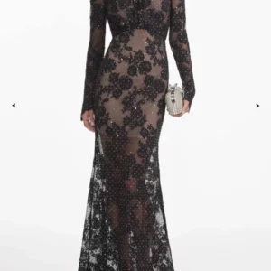 2025 Black White Sexy Lace Long Sleeve Lace Patchwork See Through Diamonds Maxi Dress for Women