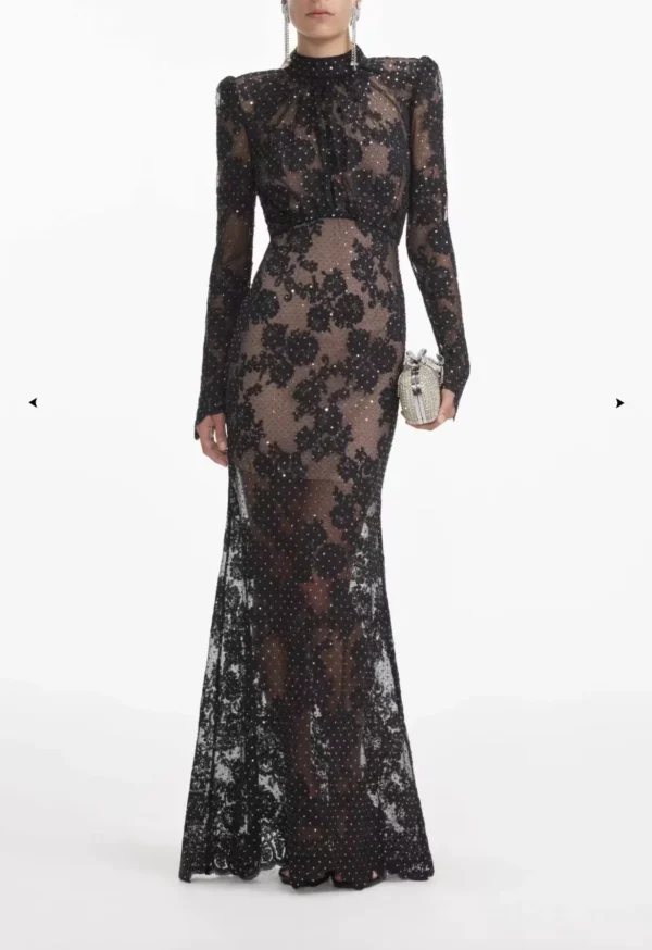 2025 Black White Sexy Lace Long Sleeve Lace Patchwork See Through Diamonds Maxi Dress for Women