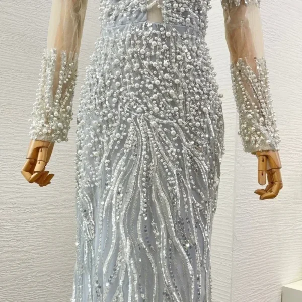 Elegant Silver Long Sleeve Sequined Pearls Lace Patchwork Maxi Evening Party Dress for Women - Image 6