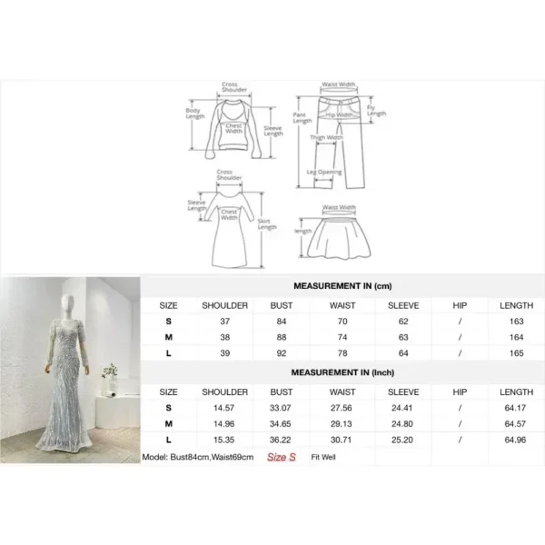 Elegant Silver Long Sleeve Sequined Pearls Lace Patchwork Maxi Evening Party Dress for Women - Image 3