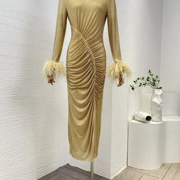 Women Slim Midi Dress Yellow Golden Diamonds Wrinkled Long Sleeve with Feather Bodycon Dresses Top Quality 2025 Spring Summer - Image 4