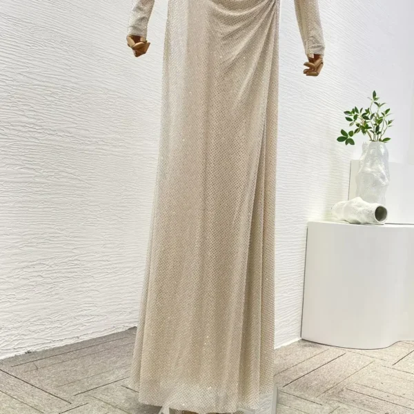 New Collection Elegnat 2025 Top Quality Golden Long Sleeve Diamonds Pressed Cut Out Pleats Women Luxury Maxi Dress for Party - Image 5