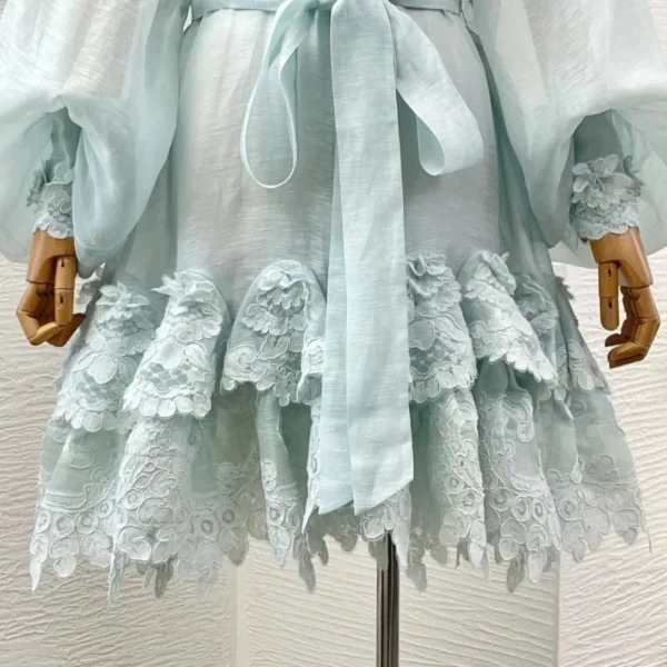Mint Green Cascading Lace Patchwork Hem Long Sleeve Midi Dress 2025 High Quality - Image 6