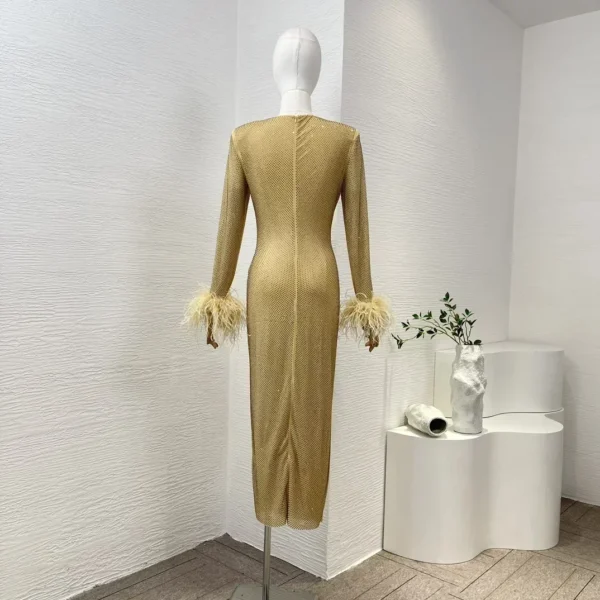 Women Slim Midi Dress Yellow Golden Diamonds Wrinkled Long Sleeve with Feather Bodycon Dresses Top Quality 2025 Spring Summer - Image 2