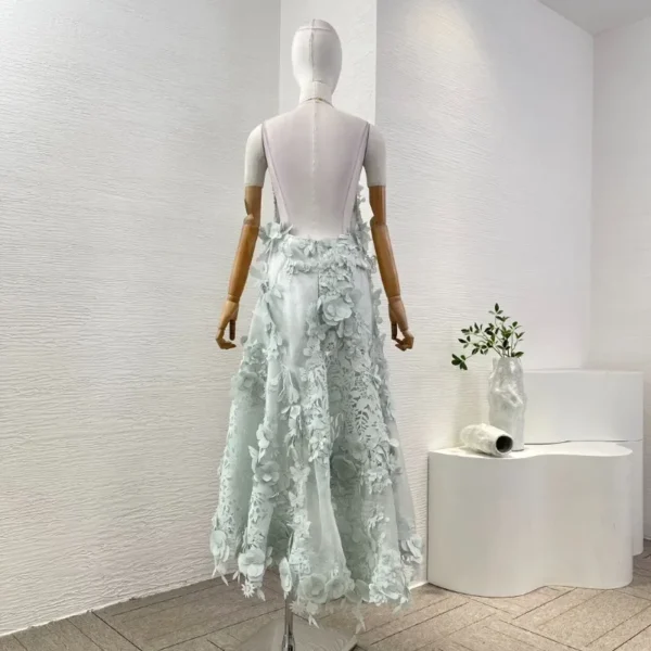 Blue Long Sleeve Halter Flowers Appliqued Irregular Hem Midi Dress 2025 - Image 2