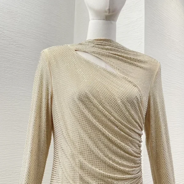 New Collection Elegnat 2025 Top Quality Golden Long Sleeve Diamonds Pressed Cut Out Pleats Women Luxury Maxi Dress for Party - Image 4