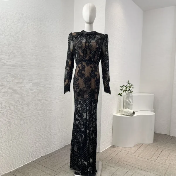 2025 Black White Sexy Lace Long Sleeve Lace Patchwork See Through Diamonds Maxi Dress for Women - Image 3