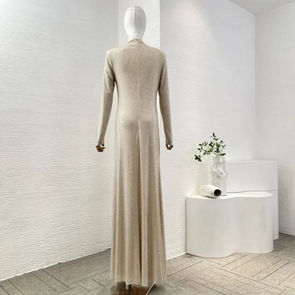 New Collection Elegnat 2025 Top Quality Golden Long Sleeve Diamonds Pressed Cut Out Pleats Women Luxury Maxi Dress for Party - Image 2