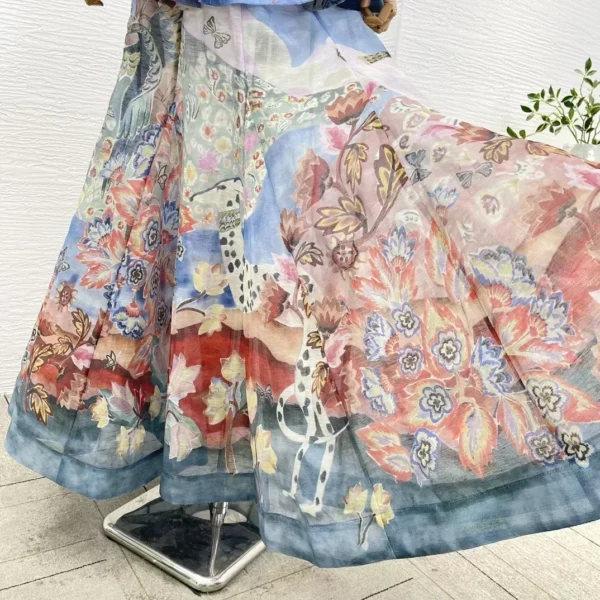 2025 New Hot Autumn Blue Floral Print Ruffles V Neck Pleat Ruched Long Sleeve Maxi Dress for Women - Image 6