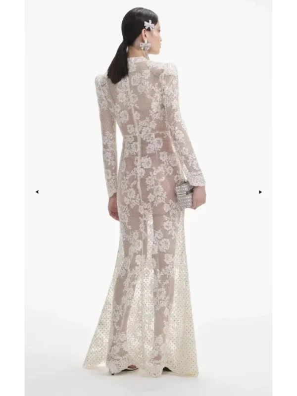 2024 New White Long Sleeve Lace Patchwork See Through Maxi Dress Elegant Gowns - Image 2