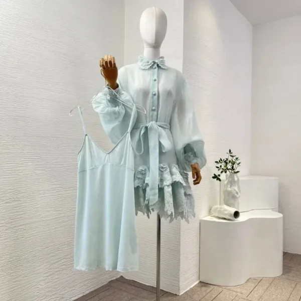 Mint Green Cascading Lace Patchwork Hem Long Sleeve Midi Dress 2025 High Quality - Image 4