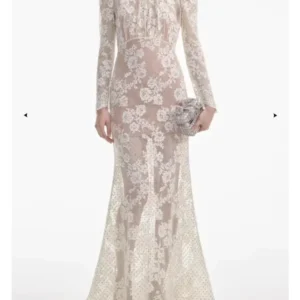 2024 New White Long Sleeve Lace Patchwork See Through Maxi Dress Elegant Gowns