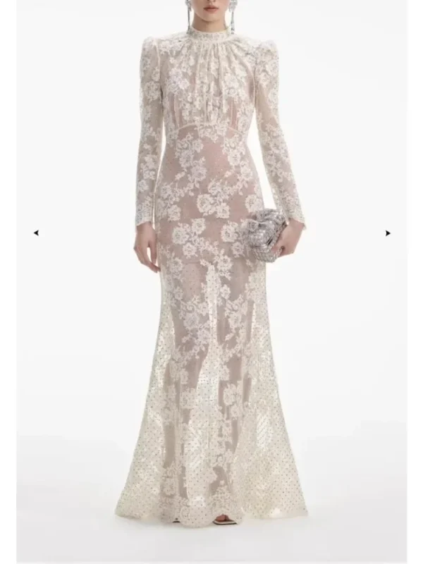 2024 New White Long Sleeve Lace Patchwork See Through Maxi Dress Elegant Gowns
