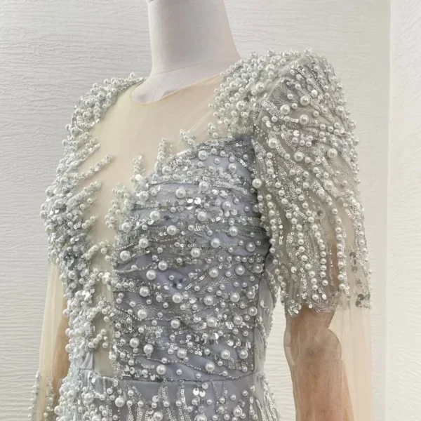 Elegant Silver Long Sleeve Sequined Pearls Lace Patchwork Maxi Evening Party Dress for Women - Image 5